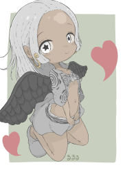 Rule 34 | 1girl, black wings, breasts, cleavage, closed mouth, collarbone, commentary request, dark-skinned female, dark skin, earrings, feathered wings, forehead, grey background, grey footwear, grey hair, grey skirt, heart, highres, jewelry, long hair, looking at viewer, navel, one piece, rururu (pyrk8855), s-snake, seraphim (one piece), shoes, short sleeves, skirt, small breasts, smile, solo, star-shaped pupils, star (symbol), symbol-shaped pupils, two-tone background, white background, white eyes, wings