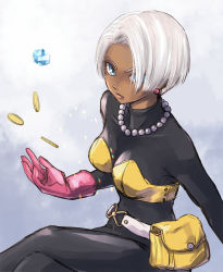 Rule 34 | 1girl, belt, bikini, black bodysuit, blue eyes, bodysuit, bodysuit under clothes, coin, commentary request, crossed legs, dragon quest, dragon quest iii, earrings, gem, gloves, hair over one eye, highres, jewelry, looking at viewer, money, necklace, pekuchin (pekuchin 3), pink gloves, pouch, short hair, sitting, solo, swimsuit, thief (dq3), white belt, white hair, yellow bikini