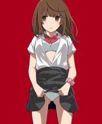 Rule 34 | 1girl, ahoge, alternate costume, black skirt, blunt bangs, blush, bow, bow panties, bowtie, bra, brown eyes, brown hair, clothes lift, commentary, dress shirt, flashing, from below, gluteal fold, hair strand, highres, lifting own clothes, looking to the side, medium hair, midriff, midriff peek, monogatari (series), open clothes, open shirt, panties, pantyshot, pink scrunchie, pleated skirt, red background, red bow, red bowtie, school uniform, scrunchie, sengoku nadeko, shirt, simple background, skirt, skirt lift, solo, standing, thigh gap, underwear, white bow, white bra, white panties, white shirt, wrist scrunchie, yamanami kousuke