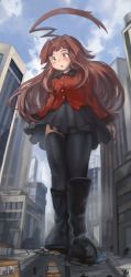 Rule 34 | 1girl, :o, ahoge, alternate costume, black footwear, black legwear, black skirt, brown hair, bus, car, cityscape, commentary, giant, giantess, girls und panzer, hair intakes, highres, huge ahoge, jacket, kantai collection, kuma (kancolle), long hair, md5 mismatch, motor vehicle, red eyes, red jacket, resolution mismatch, skirt, source smaller, st. gloriana&#039;s military uniform, yilx