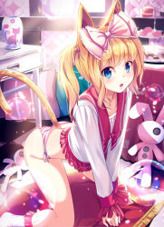 Rule 34 | 1girl, :o, all fours, animal ears, animal print, ass, backlighting, blonde hair, blouse, blue eyes, blush, bow, bubble, cat ears, cat print, cat tail, commentary, day, food, hair bow, highres, indoors, long hair, long sleeves, looking at viewer, no pants, open mouth, original, panties, pastry, pink bow, revision, school uniform, serafuku, shirt, side-tie panties, sidelocks, solo, striped clothes, striped panties, stuffed animal, stuffed rabbit, stuffed toy, sunlight, tail, tail raised, teeth, thighs, tiered tray, twintails, underwear, wavy hair, white shirt, yan (nicknikg)