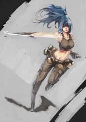 Rule 34 | 1girl, armpits, bad id, bad pixiv id, bandolier, bare shoulders, blue hair, dutch angle, gloves, hair over one eye, ian olympia, leona heidern, long hair, midriff, navel, pants, ponytail, running, sketch, snk, solo, speed lines, tank top, the king of fighters, watermark
