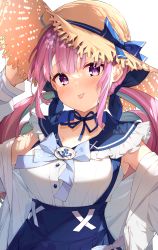 Rule 34 | 1girl, :p, absurdres, blue bow, blue bowtie, blue hair, blue skirt, blush, bow, bowtie, colored inner hair, darjeeling (reley), frilled sailor collar, frills, hand on headwear, hat, high-waist skirt, highres, hololive, long hair, looking at viewer, minato aqua, minato aqua (sailor), multicolored hair, pink hair, purple eyes, sailor collar, shirt, skirt, solo, straw hat, suspender skirt, suspenders, tongue, tongue out, twintails, virtual youtuber, white shirt