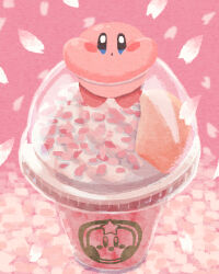 Rule 34 | blue eyes, blush stickers, cherry blossoms, cup, disposable cup, drink, falling petals, food, food focus, frappuccino, highres, kirby, kirby (series), miclot, nintendo, no humans, open mouth, petals, pink theme, squishing, starbucks