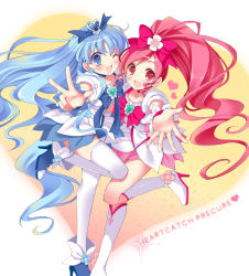 Rule 34 | 10s, 2girls, bad id, bad pixiv id, blue eyes, blue hair, blue skirt, blush, boots, bow, brooch, copyright name, cure blossom, cure marine, earrings, foreshortening, hair ornament, hanasaki tsubomi, heart, heart background, heart brooch, heartcatch precure!, highres, jewelry, knee boots, kurumi erika, long hair, magical girl, multiple girls, one eye closed, pan (mimi), pink bow, pink eyes, pink hair, precure, skirt, standing, standing on one leg, thighhighs, v, very long hair, wink