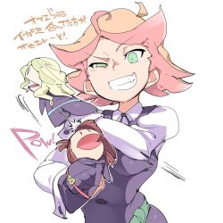Rule 34 | 10s, 3girls, amanda o&#039;neill, brown hair, chris (mario), clenched teeth, diana cavendish, english text, green eyes, green hair, half-closed eyes, kagari atsuko, little witch academia, looking at viewer, multiple girls, orange hair, puppet, school uniform, simple background, smile, teeth, text focus, translated, upper body, white background