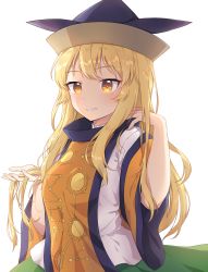 Rule 34 | 1girl, black hat, blonde hair, brown eyes, constellation print, green skirt, hand in own hair, hands up, hat, highres, holding, holding own hair, kaoling, long hair, long sleeves, looking at viewer, matara okina, parted lips, shirt, simple background, skirt, solo, tabard, touhou, upper body, very long hair, white background, white shirt, wide sleeves