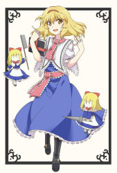 Rule 34 | 1girl, alice margatroid, ascot, bad id, bad pixiv id, blonde hair, book, bow, capelet, doll, hair bow, highres, lance, open mouth, polearm, sash, shiori (aid19815), simple background, touhou, weapon, yellow eyes