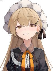 Rule 34 | 1girl, absurdres, breasts, brown eyes, commission, cross, cross earrings, earrings, frilled hairband, frills, gamryous, girls&#039; frontline, gloves, grin, hair between eyes, hair ornament, hairband, hairclip, highres, jewelry, light brown hair, long hair, looking at viewer, ppk (girls&#039; frontline), puffy short sleeves, puffy sleeves, ribbon, short sleeves, small breasts, smile, smug, solo, very long hair