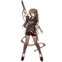 Rule 34 | 1girl, bolt action, braid, brown hair, full body, girls&#039; frontline, gloves, gun, hair ornament, hairband, holding, holding gun, holding weapon, lee-enfield, lee-enfield (girls&#039; frontline), lee-enfield (huntress&#039; frock) (girls&#039; frontline), long hair, looking at viewer, low-tied long hair, official alternate costume, parted lips, ribbon, rifle, solo, standing, transparent background, trigger discipline, weapon, white background, white gloves