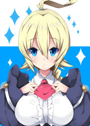 Rule 34 | 1girl, :&lt;, ahoge, blazblue, blonde hair, blue background, blue eyes, blue jacket, blush, braid, breasts, center frills, closed mouth, collared shirt, commentary, es (xblaze), frills, hair between eyes, huge ahoge, jacket, large breasts, long hair, long sleeves, looking at viewer, milkpanda, red neckwear, shirt, sidelocks, single braid, solo, sparkle, two-tone background, white background, white shirt, wide sleeves, xblaze