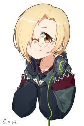 Rule 34 | 1girl, blonde hair, brown eyes, chinese commentary, closed mouth, commentary request, dated, hair over one eye, headphones, headphones around neck, idolmaster, idolmaster cinderella girls, long sleeves, looking at viewer, one eye covered, rimless eyewear, shirasaka koume, short hair, signature, simple background, sleeves past wrists, smile, solo, upper body, waterkuma, white background
