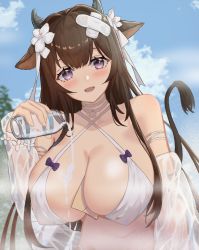Rule 34 | 1girl, animal ears, arm strap, azur lane, bandaid, bandaid on head, bare shoulders, between breasts, bikini, blush, bottle, breasts, brown hair, choker, cleavage, cow ears, cow girl, cow horns, cow tail, criss-cross halter, crossed bandaids, flower, flower bracelet, hair between eyes, hair flower, hair ornament, hair ribbon, halterneck, heart, heart-shaped pupils, highres, holding, holding bottle, horns, huge breasts, kashino (azur lane), kashino (hot springs relaxation) (azur lane), kuwahara taiki, large breasts, letter between breasts, long hair, looking at viewer, milk bottle, navel, open mouth, outdoors, pouring, pouring onto self, purple eyes, ribbon, see-through, see-through sleeves, shawl, smile, solo, spilled milk, swimsuit, symbol-shaped pupils, tail, upper body, white bikini, white choker, white flower, white ribbon