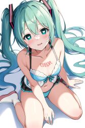 Rule 34 | 1girl, absurdres, ai-assisted, bikini, green hair, hatsune miku, heart, heart-shaped pupils, highres, looking at viewer, nanashi321, sitting, solo, swimsuit, symbol-shaped pupils, twintails, vocaloid, wariza