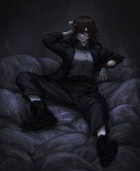 Rule 34 | 1girl, absurdres, bandaged arm, bandaged hand, bandages, black footwear, black jacket, black pants, boots, breasts, brown hair, buttons, closed mouth, collared shirt, dark, gauze, gauze on cheek, grey shirt, hair between eyes, hand on own head, highres, jacket, looking at viewer, medium breasts, open clothes, open jacket, original, pants, red eyes, shirt, short hair, sitting, socks, solo, toxic ghost, watch, white socks, wristwatch