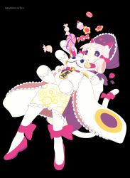 Rule 34 | #compass, 1girl, absurdres, animal ear fluff, animal ears, ankle bow, ankle ribbon, black background, bonnet, bow, candy, cookie, coquelicot blanche, cupcake, drooling, eyelashes, food, frilled bonnet, hair rings, highres, holding, holding stuffed toy, light blush, lollipop, macaron, maneki-neko, mouth drool, pink bow, pink footwear, pink hair, purplevoi, ribbon, simple background, solo, stuffed animal, stuffed rabbit, stuffed toy, swirl lollipop, tail, tail bow, tail ornament, thumbprint cookie, wide sleeves, wrapped candy