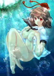 Rule 34 | 1girl, :o, afloat, air bubble, areola slip, barefoot, black necktie, bottomless, breasts, brown hair, bubble, collared shirt, feet, floating, hat, knees up, large breasts, legs together, light rays, naked shirt, necktie, nipples, no panties, one breast out, open clothes, open shirt, outdoors, parted lips, pointy ears, puffy short sleeves, puffy sleeves, red eyes, red hat, sakumiya kokonotsu, shameimaru aya, shirt, short sleeves, soles, solo, submerged, sunlight, tareme, toes, tokin hat, touhou, unbuttoned, underwater, undone necktie, water, white shirt
