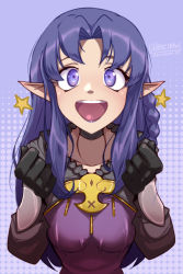 Rule 34 | :d, artist name, black gloves, braid, breasts, clenched hands, commission, excited, fate/stay night, fate (series), gloves, haysey, highres, long hair, medea (fate), medium breasts, open mouth, parted bangs, pointy ears, procreate (medium), purple background, purple eyes, purple hair, sidelocks, smile, star (symbol), upper body