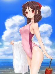 Rule 34 | 10s, 1girl, alternate costume, arched back, bare shoulders, beach, blue sky, blush, bow, breasts, brown hair, closed umbrella, cloud, cloudy sky, competition swimsuit, covered navel, day, drill hair, from side, hair between eyes, hair bow, harukaze (kancolle), kantai collection, long hair, looking at viewer, medium breasts, ocean, oil-paper umbrella, one-piece swimsuit, outdoors, pink one-piece swimsuit, rasukaru, red bow, red eyes, sky, smile, solo, swimsuit, thighs, towel, twin drills, umbrella, water