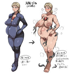 Rule 34 | 1girl, blonde hair, breasts, creature inside, highres, infested breasts, jill valentine, kanden-ki, monster, nipple penetration, nipples, parasite, pregnant, pussy, resident evil, text focus