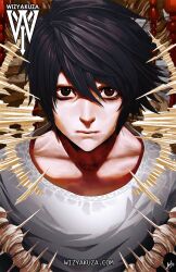 Rule 34 | 1boy, artist name, black hair, brown eyes, closed mouth, collarbone, death note, highres, l (death note), looking at viewer, male focus, shirt, short hair, signature, solo, watermark, web address, white shirt, wizyakuza