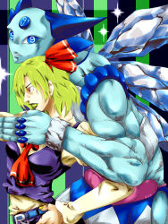 Rule 34 | circled 9, 1girl, bad id, bad pixiv id, belt, blonde hair, cirno, hair ribbon, hand on own hip, ice, ice wings, jojo no kimyou na bouken, lips, muscular, pony (moyasi), red eyes, ribbon, rumia, shirt, short hair, stand (jojo), striped, striped background, touhou, vertical stripes, vest, wings