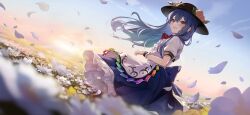 Rule 34 | 1girl, apron, black hat, blue hair, blue skirt, blush, bow, bowtie, cloud, dutch angle, falling petals, field, floating hair, flower, flower field, food, frilled skirt, frills, from side, fruit, hair between eyes, hat, hinanawi tenshi, leaf, long hair, looking at viewer, looking to the side, non-web source, official art, outdoors, parted lips, peach, peach hat ornament, petals, puffy short sleeves, puffy sleeves, red bow, red bowtie, red eyes, second-party source, shirt, short sleeves, skirt, sky, sleeve cuffs, smile, solo, sunset, tocope, touhou, touhou gensou eclipse, waist apron, white apron, white flower, white shirt, wrist cuffs