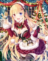 Rule 34 | bell, black legwear, blonde hair, blue eyes, blush, bow, breasts, christmas, christmas ornaments, christmas tree, christmas wreath, cleavage, detached sleeves, falkyrie no monshou, fang, green ribbon, hand on own hip, hat, headdress, heterochromia, index finger raised, large breasts, long hair, looking at viewer, natsumekinoko, official art, open mouth, red bow, red eyes, red hat, red ribbon, ribbon, santa costume, santa hat, smile, stuffed animal, stuffed fox, stuffed toy, teddy bear, thighhighs, wreath