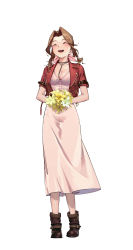 Rule 34 | 1girl, absurdres, blush, boots, bouquet, breasts, brown footwear, brown hair, choker, cleavage, closed eyes, cropped jacket, daifunier, dress, final fantasy, final fantasy vii, final fantasy vii remake, flower, flower choker, full body, hair ribbon, highres, holding, holding bouquet, jacket, laughing, long dress, medium breasts, open mouth, parted bangs, pink dress, pink ribbon, red jacket, ribbon, short sleeves, sidelocks, solo, standing, teeth, upper teeth only, wavy hair, white background, yellow flower