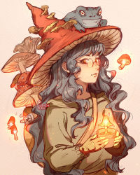 Rule 34 | 1girl, absurdres, artist name, black hair, clivenzu, familiar, frog, frog on head, glasses, gloves, glowing, hat, highres, holding, long hair, long sleeves, looking at viewer, mushroom, original, smile, solo, wavy hair, witch, witch hat