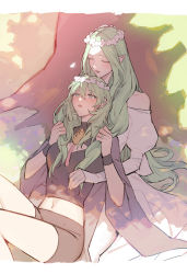 Rule 34 | 2girls, bare shoulders, blush, breasts, byleth (female) (fire emblem), byleth (fire emblem), cape, closed eyes, collar, commentary request, day, female focus, fire emblem, fire emblem: three houses, flower, green eyes, green hair, hair between eyes, hair ornament, highres, ikarin, jewelry, lips, long hair, long sleeves, matching hair/eyes, multiple girls, navel, nintendo, outdoors, parted bangs, parted lips, pointy ears, puffy long sleeves, puffy sleeves, rhea (fire emblem), ring, shadow, shirt, short shorts, shorts, sitting, sleeves past wrists, smile, stomach, white flower, wristband, yuri