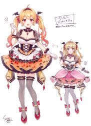 Rule 34 | 1girl, absurdres, ahoge, ankle bow, ankle ribbon, arm at side, bat wings, blonde hair, bow, breasts, cleavage, collar, dress, earrings, fang, frilled collar, frills, gloves, gradient hair, grey thighhighs, hand up, highres, hololive, jewelry, leg ribbon, looking at viewer, low wings, medium breasts, multicolored hair, multiple views, open mouth, orange hair, puffy short sleeves, puffy sleeves, red eyes, red footwear, ribbon, saekiyahiro, see-through, see-through sleeves, shoes, short dress, short sleeves, signature, simple background, skin fang, star (symbol), star earrings, thighhighs, tiara, virtual youtuber, white background, white gloves, wings, yozora mel