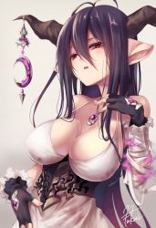 Rule 34 | 10s, 1girl, black hair, blood, blood on clothes, bloody clothes, bloody dress, breasts, danua, draph, dress, fingerless gloves, fukai ryosuke, gloves, gradient background, granblue fantasy, horn ornament, horns, large breasts, long hair, pointy ears, red eyes, solo
