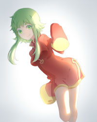 Rule 34 | 1girl, absurdres, china dress, chinese clothes, commentary, dress, feet out of frame, green eyes, green hair, gumi, hand up, highres, leaning forward, leg up, looking at viewer, red dress, short hair, short hair with long locks, sidelighting, simple background, sleeves past fingers, sleeves past wrists, smile, solo, vignetting, vocaloid, zhi (yammycheese)