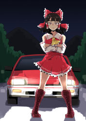 Rule 34 | 1girl, ascot, black hair, boots, bright pupils, car, closed mouth, commentary, crossed arms, forest, frilled skirt, frills, full body, hair tubes, hakurei reimu, highres, looking at viewer, medium hair, motor vehicle, nature, night, outdoors, red eyes, red shirt, red skirt, ribbon-trimmed sleeves, ribbon trim, sakamoto fred, shirt, sidelocks, skirt, solo, star (sky), touhou, white pupils, yellow ascot