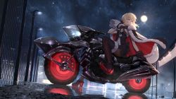 Rule 34 | 1girl, artoria pendragon (all), artoria pendragon (fate), backlighting, bare arms, black cape, black dress, black footwear, black gloves, black pantyhose, blonde hair, boots, breasts, cape, chain-link fence, city, cleavage, dress, fate/grand order, fate (series), fence, from side, full body, full moon, fur-trimmed cape, fur-trimmed legwear, fur trim, gloves, high heel boots, high heels, highres, lamppost, light, looking back, medium breasts, moon, mosquito coils, motor vehicle, motorcycle, night, night sky, outdoors, over shoulder, pantyhose, parted lips, pom pom (clothes), puddle, reflection, road, sack, santa alter, short hair, sky, smile, solo, star (sky), starry sky, strapless, strapless dress, street, thigh boots, thighhighs, tsurime, water, yellow eyes