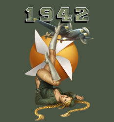 Rule 34 | 1942, 1girl, aircraft, airplane, blonde hair, blue eyes, boots, braid, breasts, cammy white, camouflage, capcom, cleavage, darren tan, garrison cap, hat, large breasts, long hair, looking at viewer, nose art, p-38 lightning, pinup (style), smile, solo, street fighter, twin braids, uniform, world war ii, yashichi