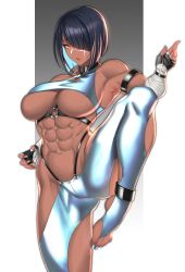 Rule 34 | 1girl, abs, absurdres, anima (togashi), bandaged arm, bandages, bare shoulders, black hair, breasts, brown eyes, cleavage, commentary request, dark-skinned female, dark skin, feet, fighting stance, fingernails, gloves, hair over one eye, highres, large breasts, leg up, lips, mole, mole on body, mole under eye, muscular, muscular female, nail polish, o-ring, original, paid reward available, parted lips, scar, scar on face, simple background, sleeveless, solo, thighs, toes, underboob