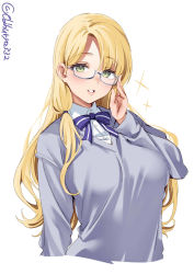 Rule 34 | 1girl, alternate costume, blonde hair, blunt bangs, blush, bow, breasts, cardigan, collared shirt, cowboy shot, ebifurya, glasses, green eyes, grey cardigan, hair behind ear, hand on own face, highres, kantai collection, large breasts, lips, long hair, long sleeves, looking at viewer, neckerchief, northampton (kancolle), one-hour drawing challenge, parted lips, purple neckerchief, school uniform, semi-rimless eyewear, shirt, simple background, solo, sparkle, sparks, twitter username, upper body, white background, white shirt