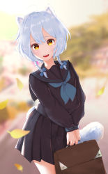 Rule 34 | 1girl, absurdres, animal ears, bad id, bad pixiv id, bag, black serafuku, blue hair, blurry, blurry background, blush, bow, braid, hair between eyes, hair bow, highres, kohe billialot, looking at viewer, open mouth, outdoors, ravi, red: pride of eden, school bag, school uniform, serafuku, short hair, short twintails, sidelocks, solo, standing, tail, thighs, twin braids, twintails, uniform, yellow eyes