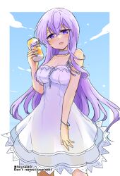 Rule 34 | 1girl, alternate costume, bare shoulders, breasts, circlet, cleavage, dress, drink, fire emblem, fire emblem: genealogy of the holy war, holding, holding drink, julia (fire emblem), long hair, medium breasts, nail polish, nintendo, purple eyes, purple hair, see-through, simple background, sky, solo, yukia (firstaid0)