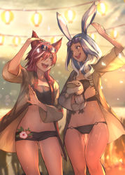 Rule 34 | 2girls, animal ears, arm up, warrior of light (ff14), bikini, black bikini, black tube top, blurry, blurry background, cat ears, collarbone, commentary, commentary request, commission, cowboy shot, dark-skinned female, dark skin, english commentary, eye contact, eyewear on head, facial mark, final fantasy, final fantasy xiv, hide (hideout), highres, lantern, looking at another, miqo&#039;te, mixed-language commentary, multicolored hair, multiple girls, open mouth, paper lantern, purple-tinted eyewear, purple hair, rabbit ears, red hair, skeb commission, smile, sparkle, strapless, streaked hair, sunglasses, swimsuit, teeth, tinted eyewear, tube top, upper teeth only, viera, whisker markings, white hair