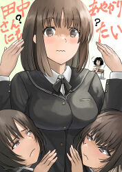 Rule 34 | 4girls, :3, :d, :|, ?, amagami, birthday, black bow, black bowtie, black cardigan, black hair, black sailor collar, blush, bob cut, bow, bowtie, breast envy, breasts, brown hair, cardigan, chibi, chibi inset, closed eyes, closed mouth, commentary, confused, desk, dress shirt, embarrassed, frown, gradient background, green background, hair between eyes, hair strand, hands on another&#039;s stomach, hands up, head on another&#039;s stomach, highres, jealous, kamizaki risa, kibito high school uniform, large breasts, laughing, long hair, long sleeves, looking at another, looking at viewer, looking up, medium hair, messy hair, mori heichi, motion lines, multiple girls, narrow waist, naughty face, on desk, open mouth, parted lips, raised eyebrows, sad, sailor collar, school uniform, shadow, shirt, short hair, sitting, smile, solo focus, tachibana miya, tanaka keiko (amagami), tanamachi kaoru, uniform, upper body, v-shaped eyebrows, wavy mouth, white background, white shirt