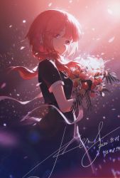 Rule 34 | 1girl, absurdres, black dress, bouquet, braid, breasts, dark room, dress, falling petals, feet out of frame, flower, from side, glowing, highres, holding, holding bouquet, kaf (kamitsubaki studio), kamitsubaki studio, konya karasue, light particles, light rays, looking at viewer, medium breasts, medium hair, multicolored eyes, petals, pink hair, plant, red eyes, red flower, red hair, red rose, rose, short sleeves, signature, single braid, smile, solo, standing, virtual youtuber, white flower, yellow flower