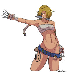 Rule 34 | 1girl, abs, akairiot, artist name, bad id, bad tumblr id, bandaged hand, bandages, bare shoulders, belt, belt skirt, between fingers, biceps, blonde hair, bottomless, breasts, brown hair, collarbone, cropped legs, dark-skinned female, dark skin, explosive, female focus, grenade, groin, hair over one eye, hair ribbon, hand wraps, holding, knife, kunai, long hair, looking at viewer, mouth hold, navel, needle, nintendo, pointy ears, ponytail, red eyes, ribbon, sarashi, sheik, signature, simple background, small breasts, solo, the legend of zelda, the legend of zelda: ocarina of time, throwing knife, toned, triple wielding, weapon, whip, wrist wrap