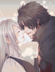Rule 34 | 1boy, 1girl, black hair, clive rosfield, closed eyes, couple, earrings, face-to-face, facial hair, final fantasy, final fantasy xvi, grey hair, hand on another&#039;s chest, hetero, highres, imminent kiss, jewelry, jill warrick, long hair, mixmomo yah, noses touching, scar, scar on face, short hair, simple background, smile, upper body
