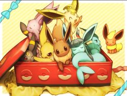 Rule 34 | :&lt;, :3, :d, :p, ^ ^, black eyes, blue bow, bow, box, brown eyes, closed eyes, closed mouth, creatures (company), diagonal stripes, eevee, espeon, evolutionary line, flareon, game freak, gen 1 pokemon, gen 2 pokemon, gen 4 pokemon, gen 6 pokemon, glaceon, in box, in container, jitome, jolteon, leafeon, looking at viewer, nintendo, no humans, open mouth, poke ball print, pokemon, pokemon (creature), purple eyes, red eyes, scratching, sitting, sleeping, smile, solid oval eyes, striped, striped background, sylveon, teardrop, tongue, tongue out, umbreon, vaporeon