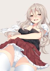 Rule 34 | 10s, 1girl, 2017, absurdres, blush, brown eyes, commentary request, cowboy shot, dated, dutch angle, frilled skirt, frills, from below, grey background, highres, kantai collection, light brown hair, long hair, nebusoku, open clothes, open mouth, open shirt, panties, pola (kancolle), shirt, skirt, solo, thighhighs, twitter username, underwear, white panties, white thighhighs