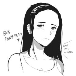 Rule 34 | 1girl, bare shoulders, black eyes, black hair, blush, breasts, collarbone, commentary, embarrassed, english commentary, english text, eyebrows, forehead, greyscale, hair strand, hairband, heart, highres, long hair, looking to the side, lynus, monochrome, naoko-san, open mouth, original, solo, spoken heart, white background, writing