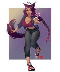 Rule 34 | 1girl, ahoge, air jordan, air jordan 1, animal ears, black leggings, blue jacket, border, braid, breasts, cleavage, collarbone, commentary, commission, english commentary, heart, highres, jacket, large breasts, leggings, long hair, looking at viewer, midriff, navel, one eye closed, open hands, original, outside border, parted lips, purple background, purple hair, shoes, smile, sneakers, snowcie, solo, tail, very long hair, white border